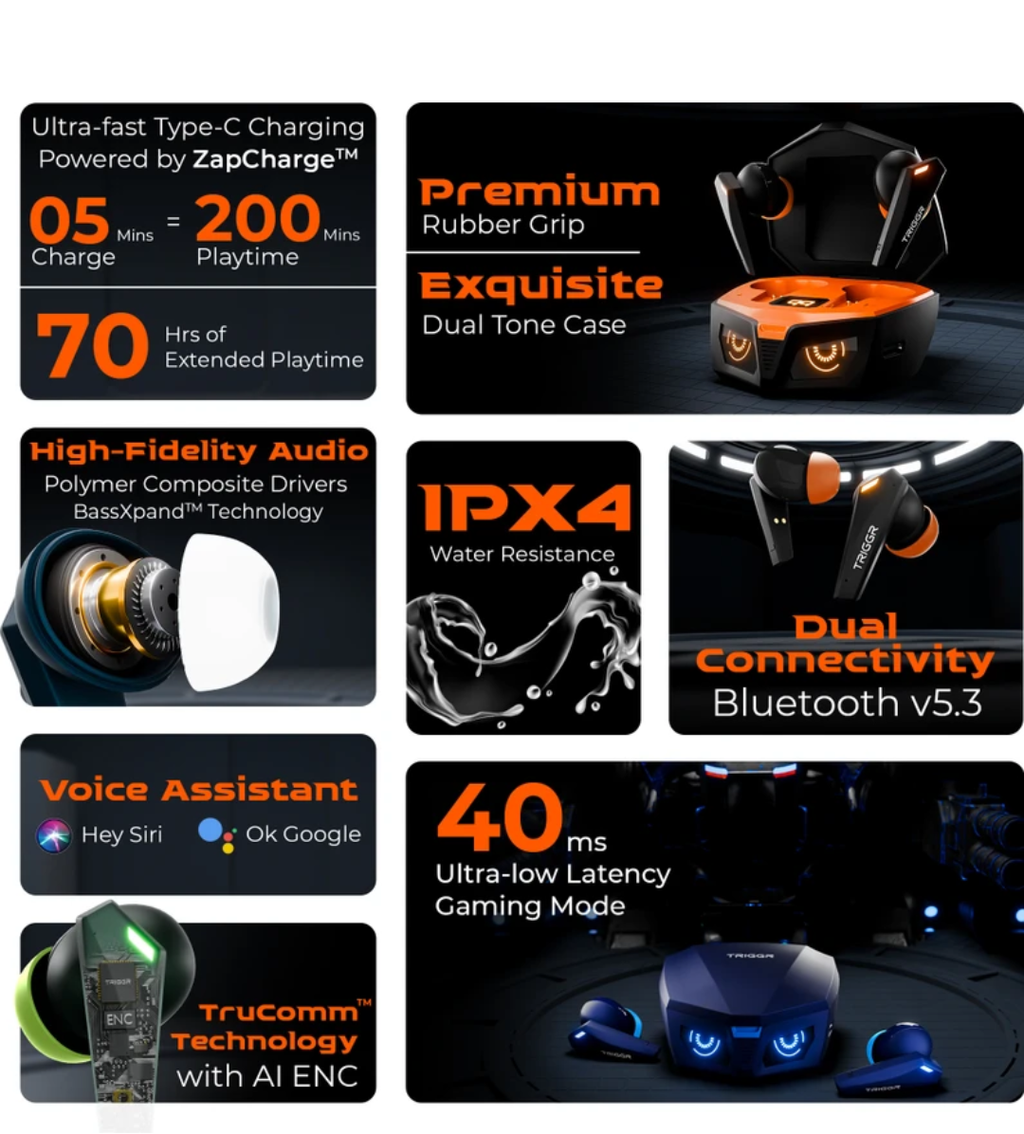 🎮 TRIGGR RGB Gaming Earbuds – Ultra Low Latency | Deep Bass | LED Display TWS Earbuds